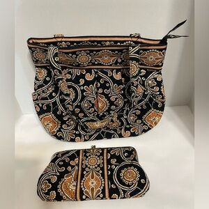 Vera Bradley‎ handbag Pleated Satchel Caffe Latte W/ matching Snap Wallet brown